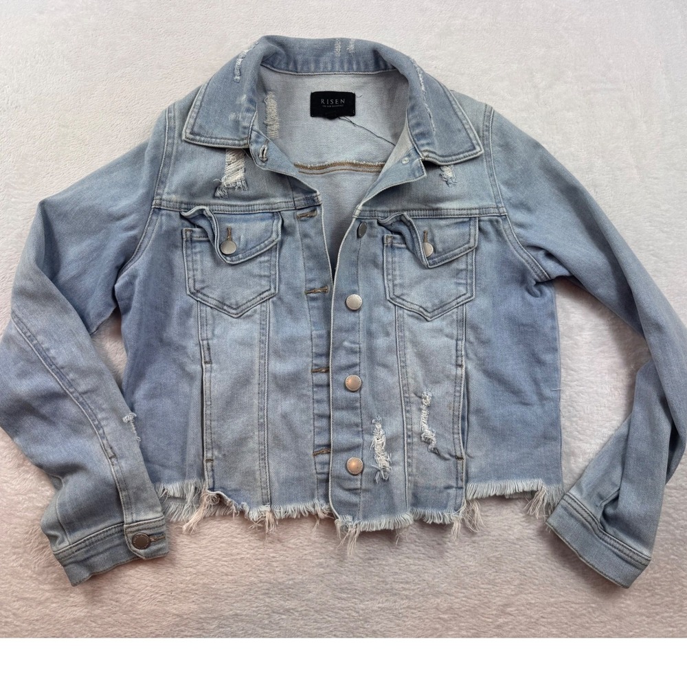 Risen Jeans Distressed Denim Jacket Light Wash Frayed Hem Small
